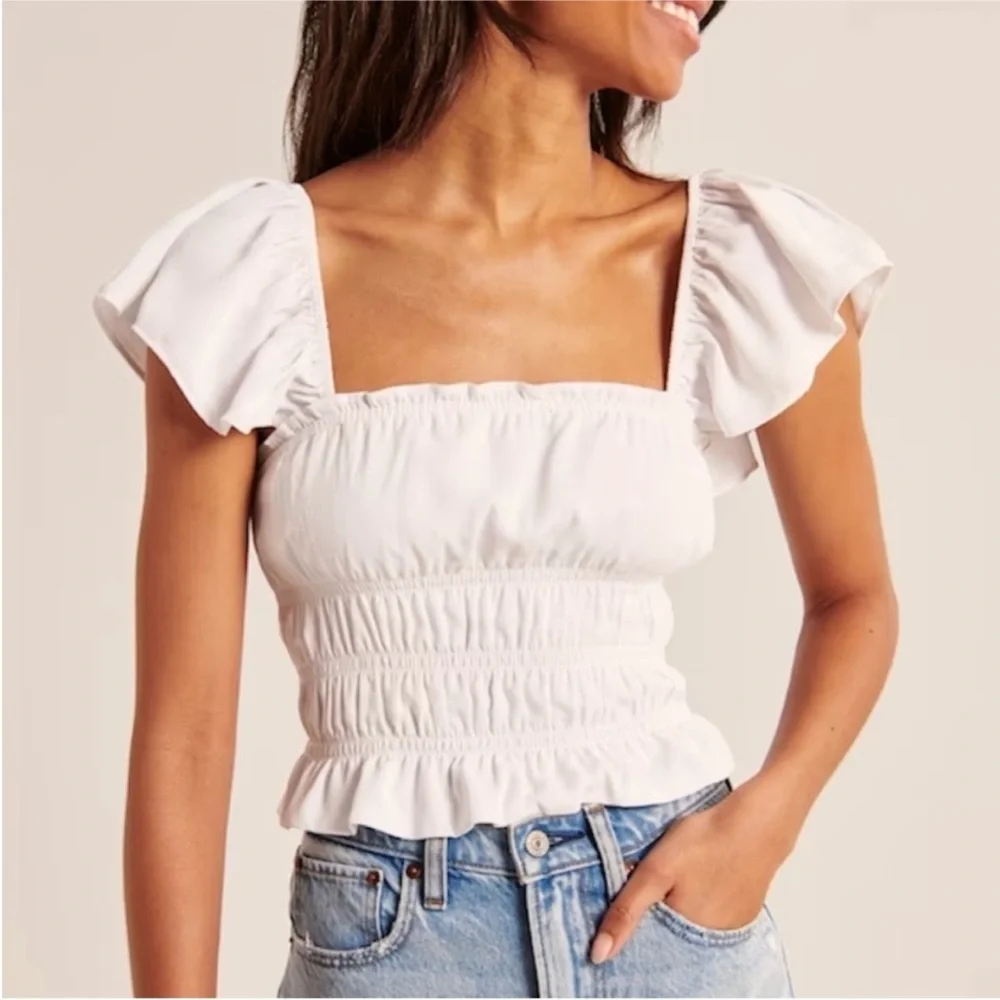Abercrombie and Fitch Flutter Sleeve Smocked Top Crop Tank Brown Rust M Flowy - Picture 2 of 7